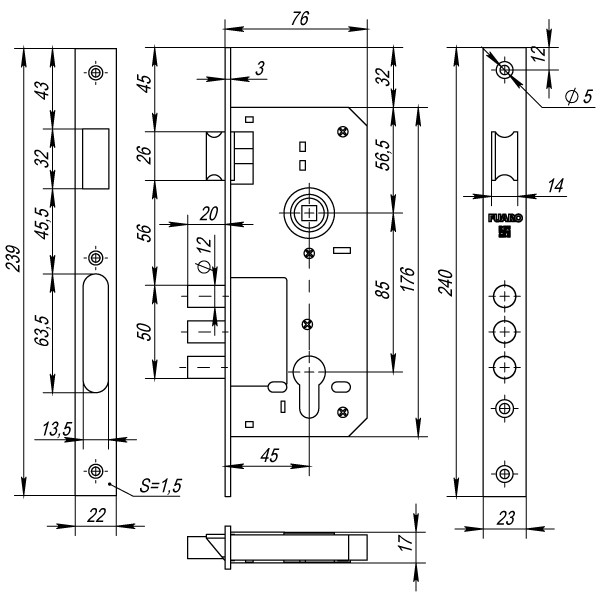 Корпус врезного замка с защёлкой DD900/C-45.85.3MR (900 3MR W/B) PB латунь