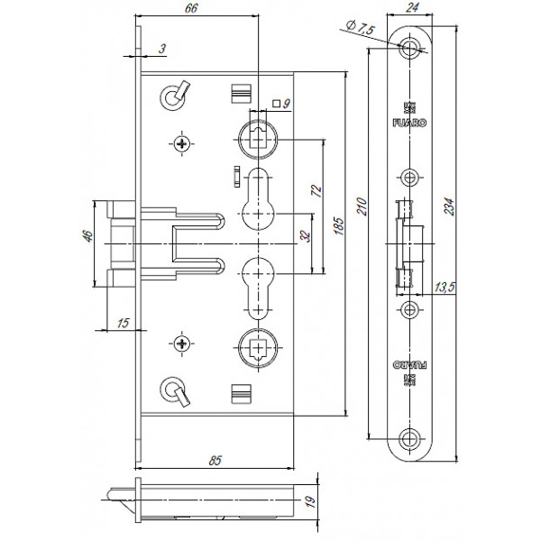 Корпус врезного замка c защёлкой FP.C-65.72-0432 (FL-0432)