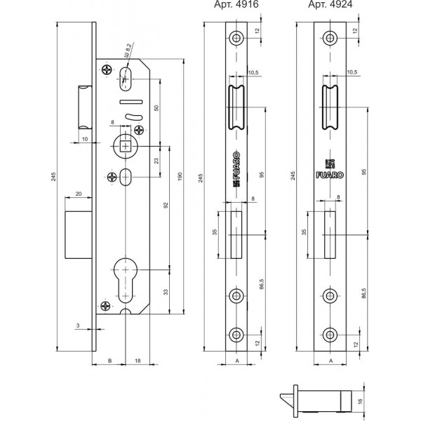 Корпус узкопрофильного замка с защелкой PROF4916-40/92 CP хром