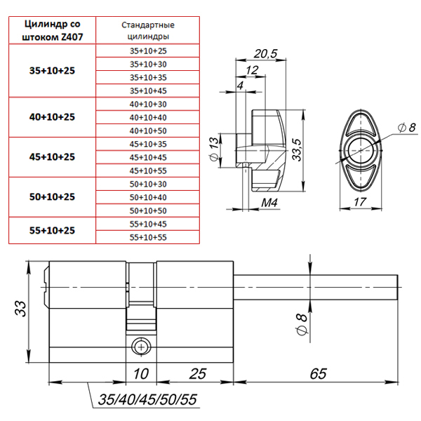 Цилиндровый механизм (Z407/90) Z4007Tang90(55+10+25) со штоком CP хром 
