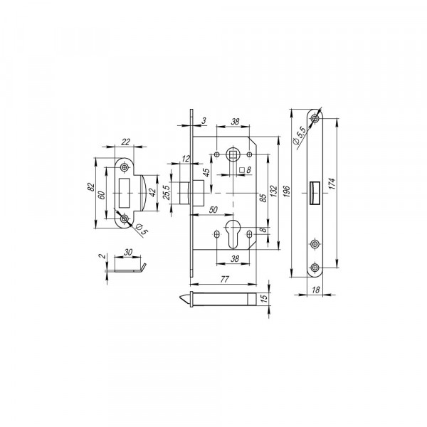Корпус врезного замка c защёлкой PLASTP85C-50 (P85C-50) SSC сатинированный хром